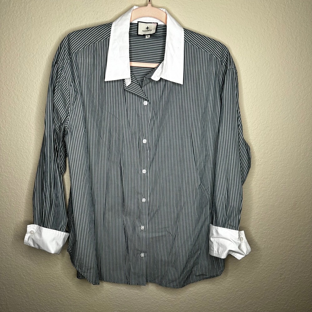 Tuckernuck Womens XL Pinstripe Contrast Collar Button Down Shirt Coastal Preppy